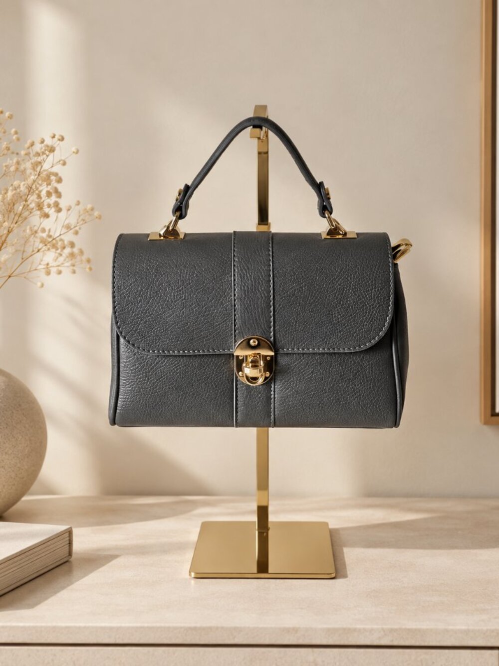 Grey Leather Crossbody Bag, Small Top Handle Handbag, Structured Leather Purse